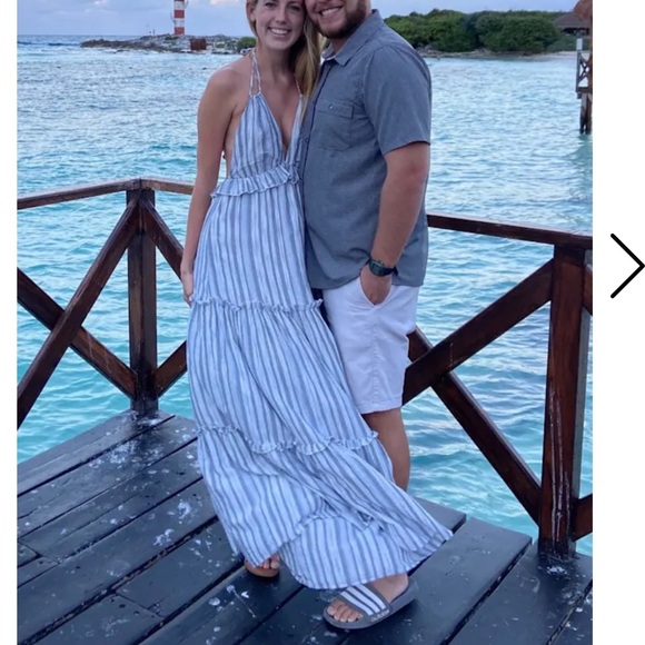 Lulus Vacay Babe Grey White Blue Striped Halter Maxi Dress M - Picture 6 of 15